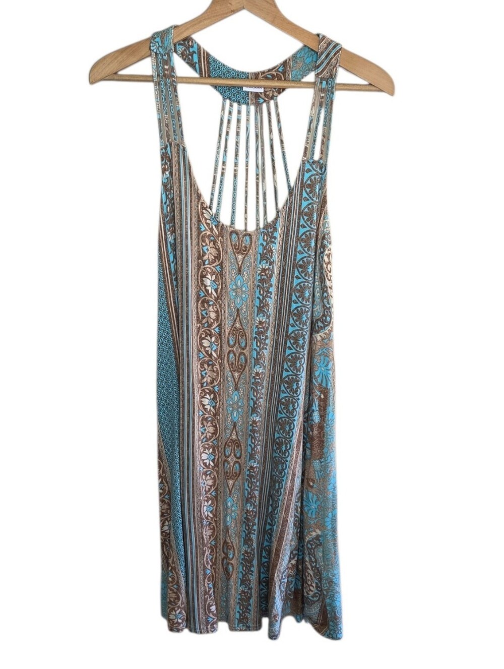 Lascana Turquoise Brown Tan Print Strappy Detail Scoop Neck Dress Size 10